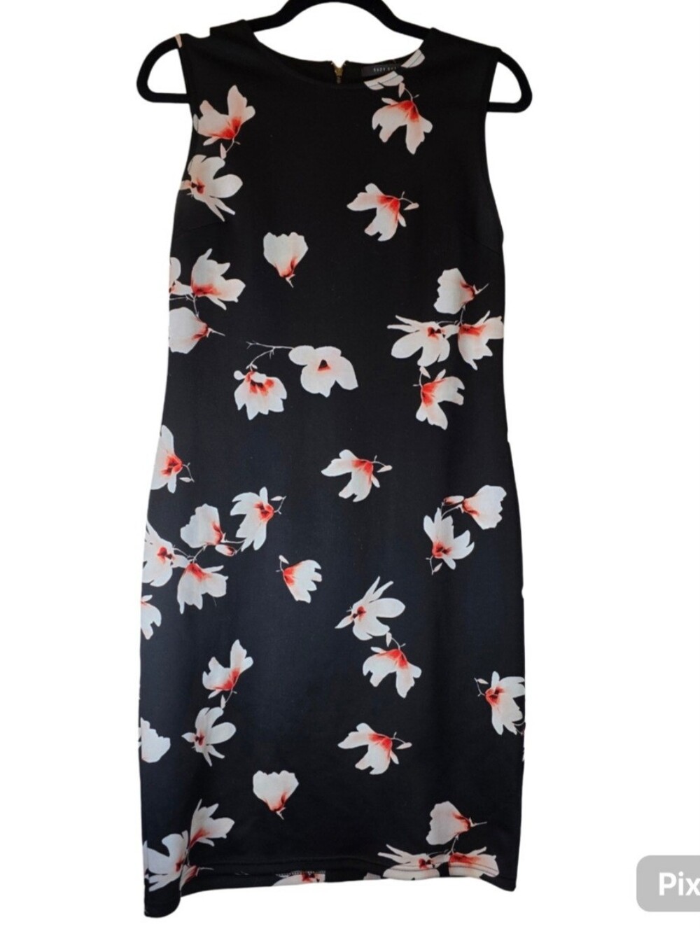 Suzy Shier Black Floral Midi Dress with White & Coral Blooms